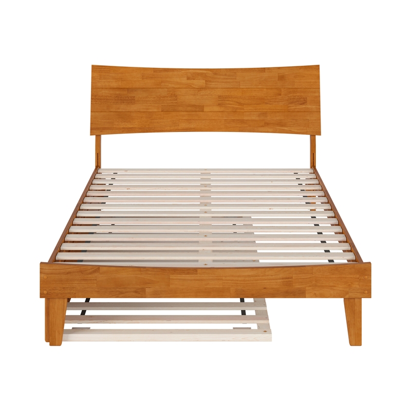 Pemberly Row Full Wood Platform Bed with Twin Trundle in Light Toffee