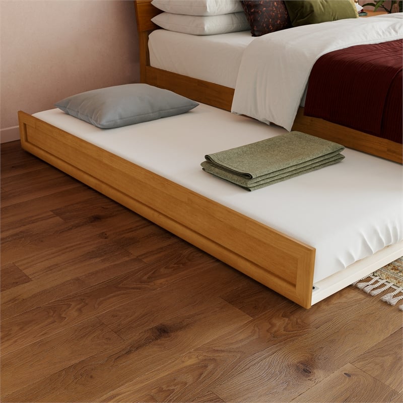 Pemberly Row Full Wood Platform Bed with Twin Trundle in Light Toffee
