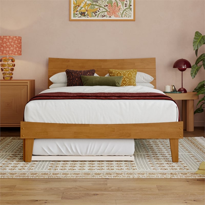Pemberly Row Full Wood Platform Bed with Twin Trundle in Light Toffee