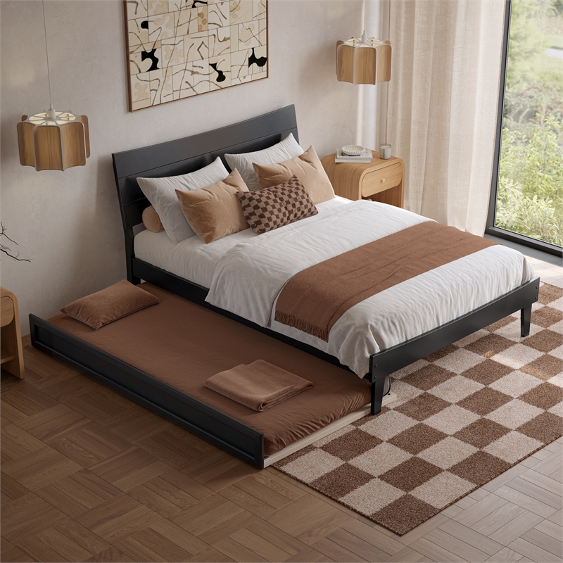 Pemberly Row Full Solid Wood Platform Bed with Twin Trundle in Black