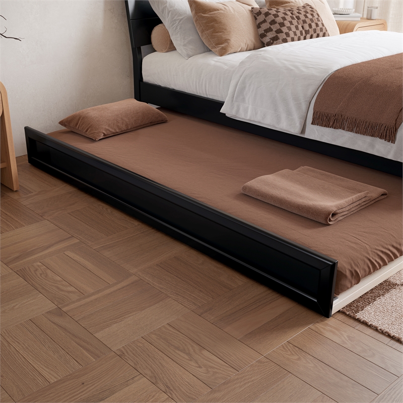 Pemberly Row Full Solid Wood Platform Bed with Twin Trundle in Black