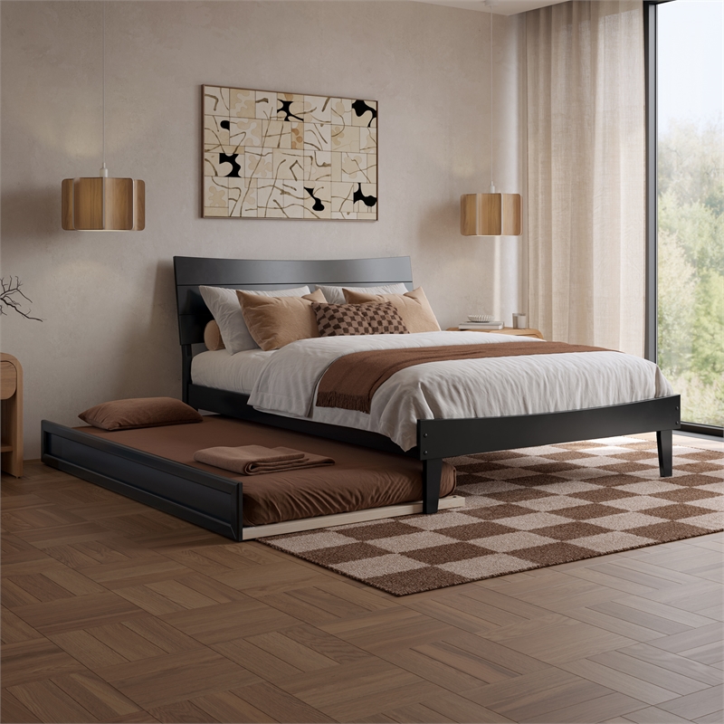 Pemberly Row Full Solid Wood Platform Bed with Twin Trundle in Black