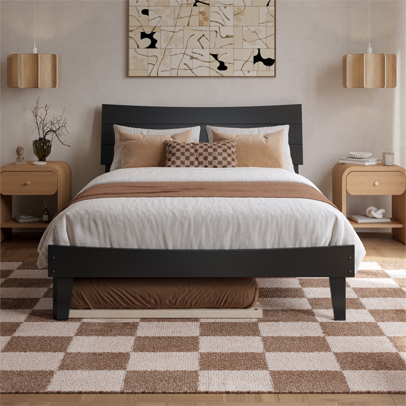 Pemberly Row Full Solid Wood Platform Bed with Twin Trundle in Black