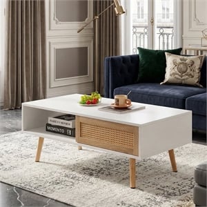 Pemberly Row 41&quot White Rattan Coffee Table with Wood Legs & Sliding Door Storage