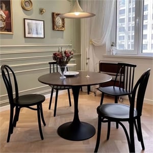 Pemberly Row 31.5&quot Round Walnut Dining Table with Mid Century Metal Tulip Base