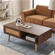 Pemberly Row Modern Walnut Rattan Coffee Table with Wood Legs