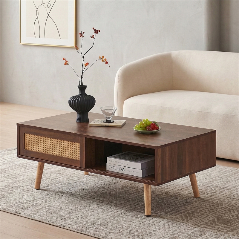 Pemberly Row Modern Walnut Rattan Coffee Table with Wood Legs