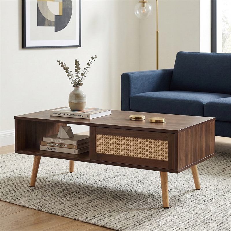 Pemberly Row Modern Walnut Rattan Coffee Table with Wood Legs