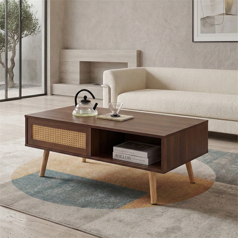 Pemberly Row Modern Walnut Rattan Coffee Table with Wood Legs