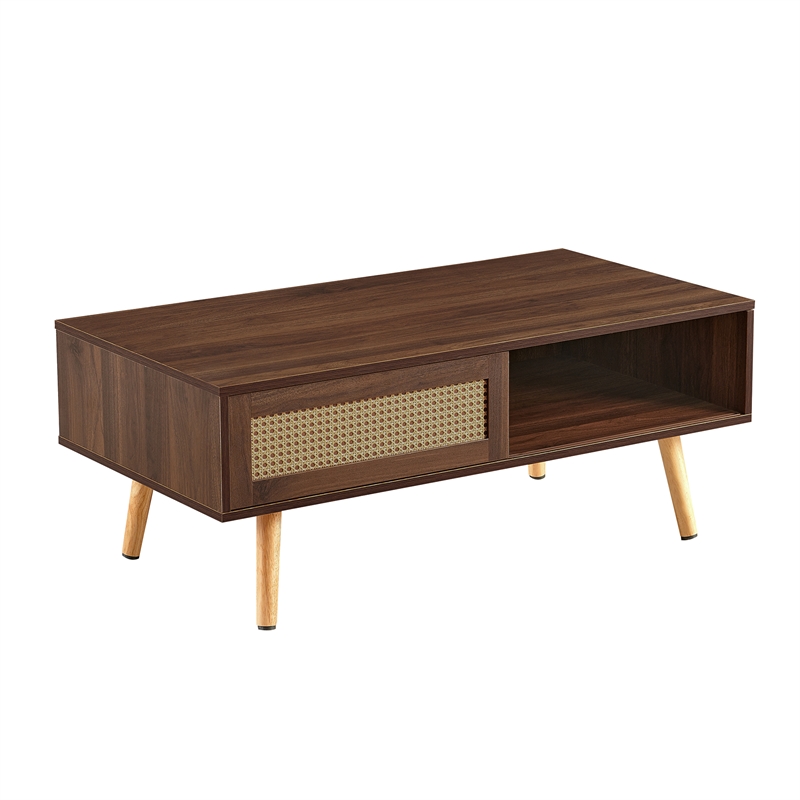 Pemberly Row Modern Walnut Rattan Coffee Table with Wood Legs