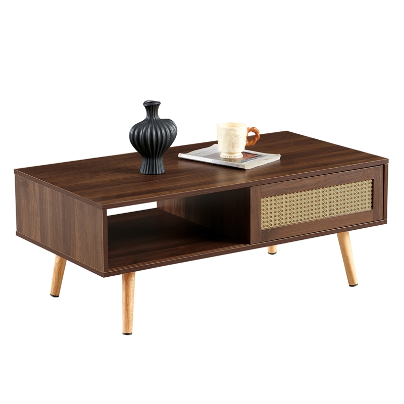 Pemberly Row Modern Walnut Rattan Coffee Table with Wood Legs