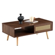 Pemberly Row Modern Walnut Rattan Coffee Table with Wood Legs