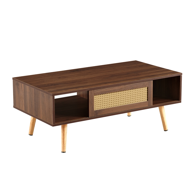 Pemberly Row Modern Walnut Rattan Coffee Table with Wood Legs