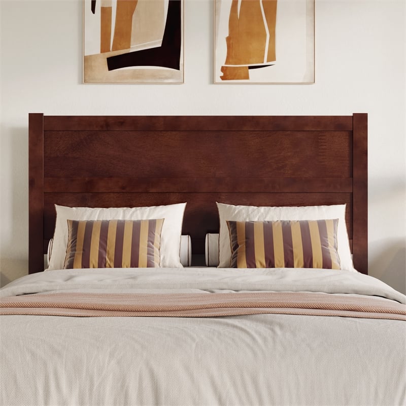 Pemberly Row Queen Mid-Century Panel Solid Wood Headboard in Walnut