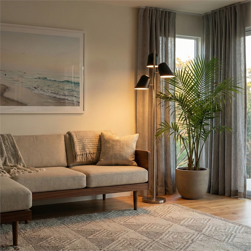 Pemberly Row Culver Tree Floor Lamp in Weathered Brass with Matte Black Shades