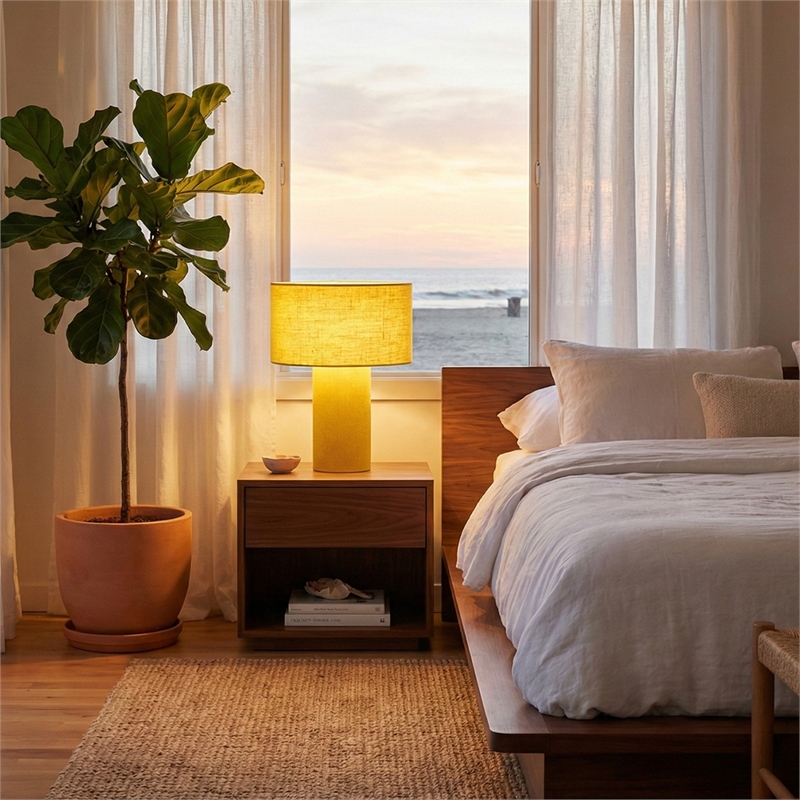 Pemberly Row Contemporary Moonlight Table Lamp with Mustard Fabric Shade