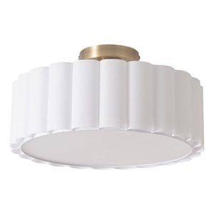 Pemberly Row Scalloped Flush Mount Ceiling Light in Brass with White Linen Shade