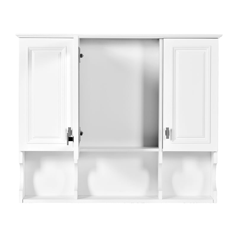 Pemberly Row Wall Mounted White Wood Mirror Medicine Cabinet with Open Shelves