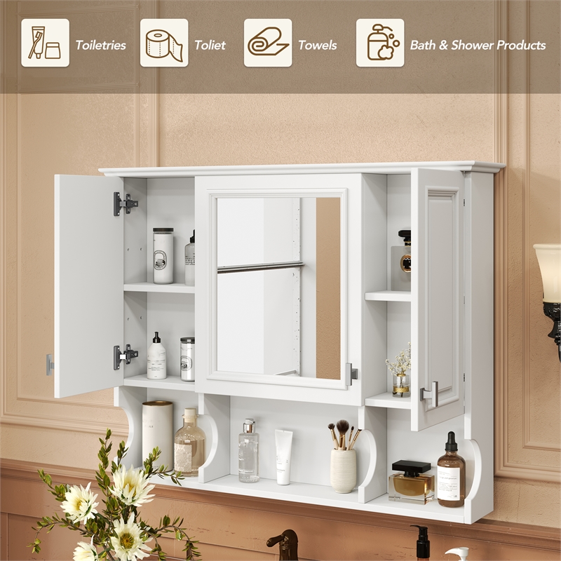 Pemberly Row Wall Mounted White Wood Mirror Medicine Cabinet with Open Shelves