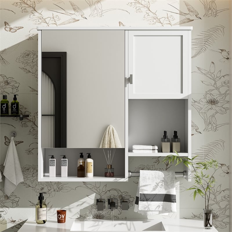 Pemberly Row White Wall Mounted Bathroom Medicine Cabinet with Mirror Storage