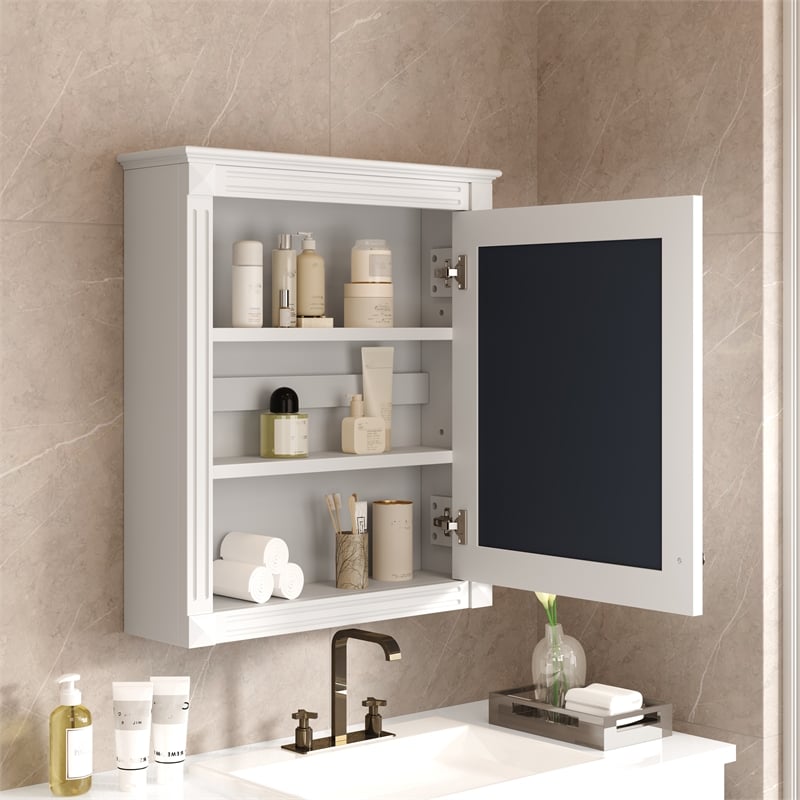 Pemberly Row White Wood Wall Mounted Mirror Medicine Cabinet Bathroom Organizer