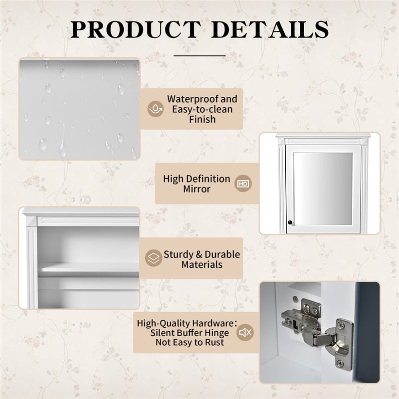 Pemberly Row White Wood Wall Mounted Mirror Medicine Cabinet Bathroom Organizer