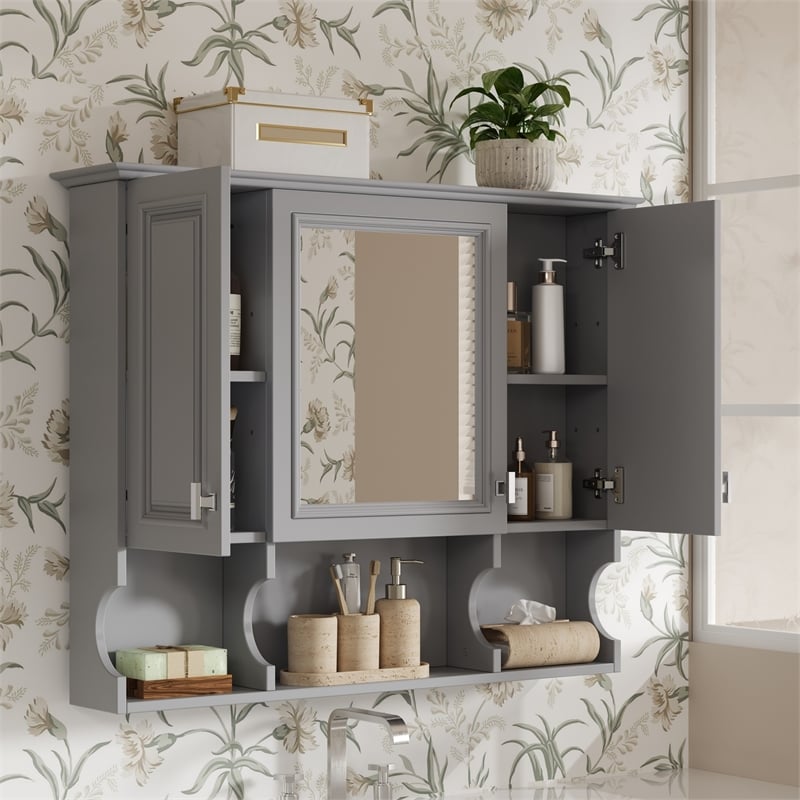 Pemberly Row Wall Mounted Bathroom Medicine Cabinet with Mirror & Open Shelves