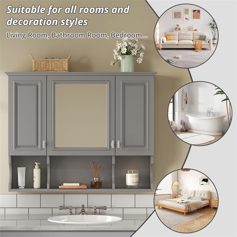 Pemberly Row Wall Mounted Bathroom Medicine Cabinet with Mirror & Open Shelves