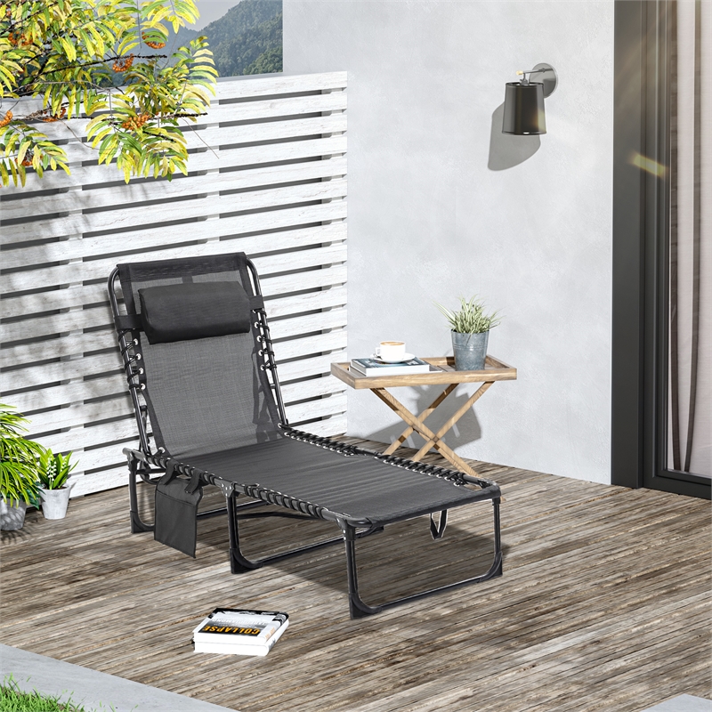 Pemberly Row Folding Reclining Chaise Lounge Chair Steel and Mesh in Black