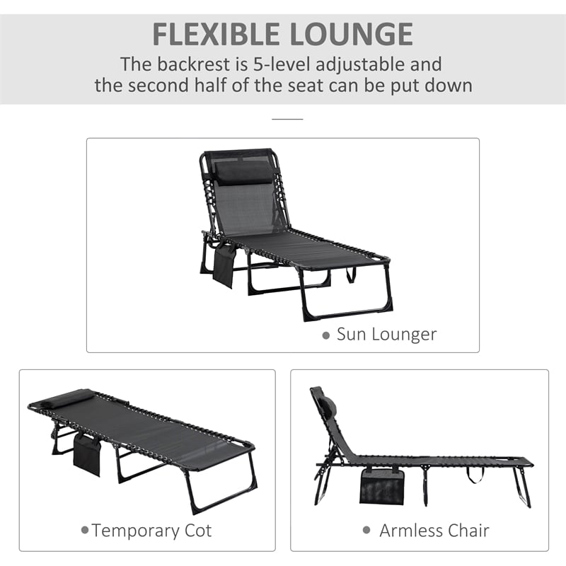 Pemberly Row Folding Reclining Chaise Lounge Chair Steel and Mesh in Black