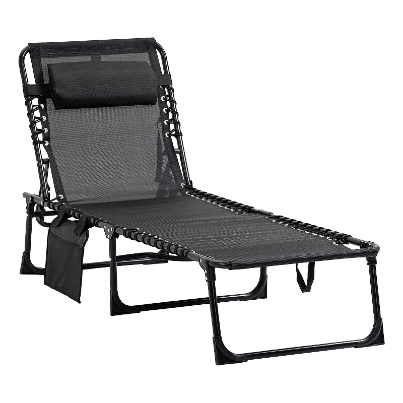 Pemberly Row Folding Reclining Chaise Lounge Chair Steel and Mesh in Black