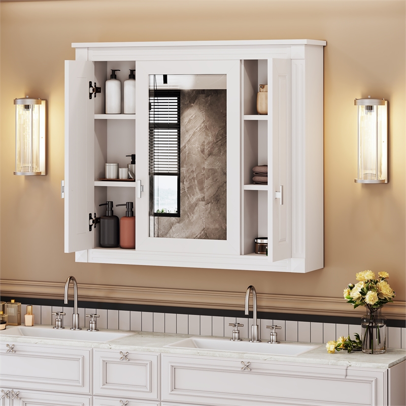 Pemberly Row White Wood Wall Mounted Mirror Medicine Cabinet with 4 Shelves