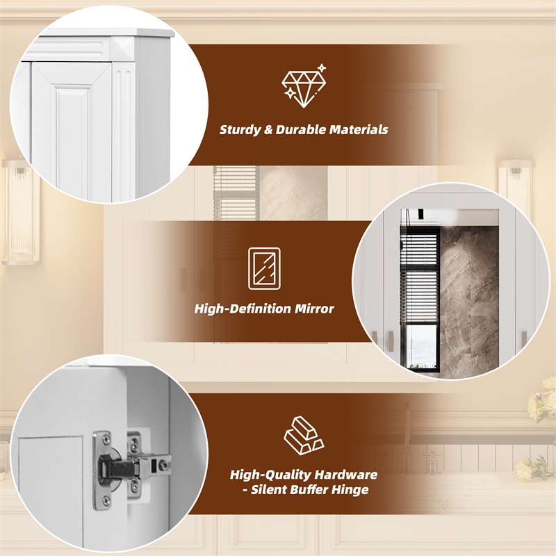 Pemberly Row White Wood Wall Mounted Mirror Medicine Cabinet with 4 Shelves