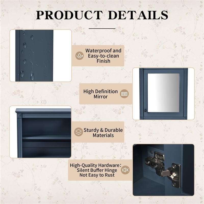 Pemberly Row Blue Wall Mounted Bathroom Medicine Cabinet with Mirror & Shelf