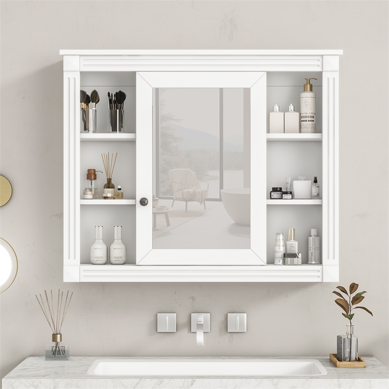 Pemberly Row White Wall Mounted Bathroom Medicine Cabinet with Mirror & Shelves