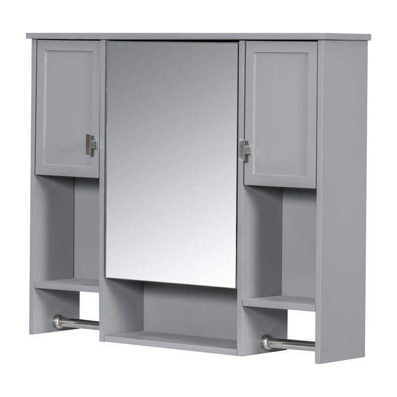 Pemberly Row Gray Solid Wood Bathroom Wall Cabinet with Mirror & Towel Bar