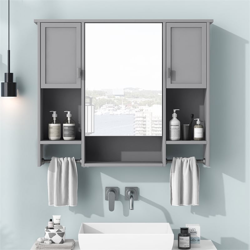 Pemberly Row Gray Solid Wood Bathroom Wall Cabinet with Mirror & Towel Bar