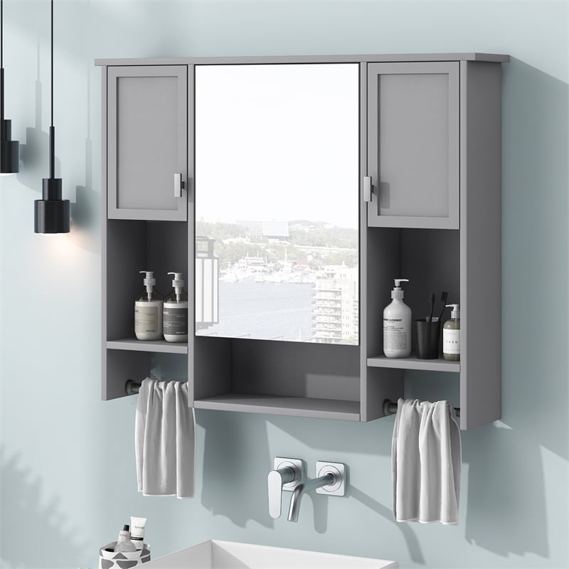 Pemberly Row Gray Solid Wood Bathroom Wall Cabinet with Mirror & Towel Bar