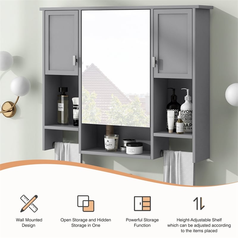 Pemberly Row Gray Solid Wood Bathroom Wall Cabinet with Mirror & Towel Bar