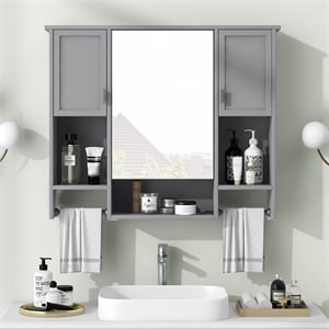 Pemberly Row Gray Solid Wood Bathroom Wall Cabinet with Mirror & Towel Bar