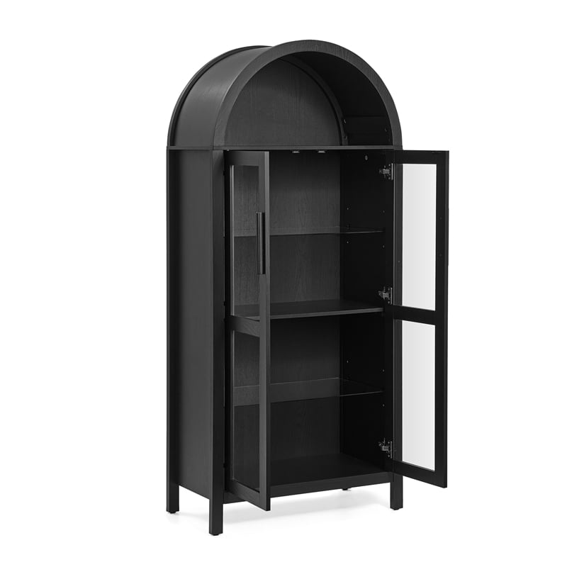 Pemberly Row Black Arched Storage Cabinet with LED Light and Glass Shelves