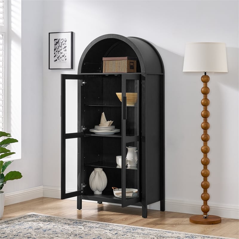 Pemberly Row Black Arched Storage Cabinet with LED Light and Glass Shelves