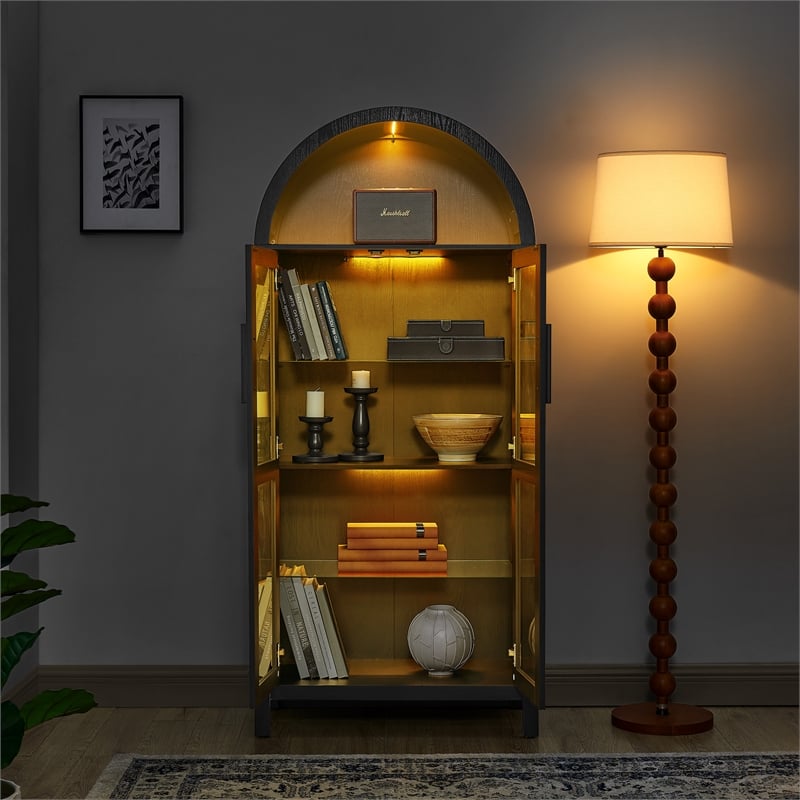 Pemberly Row Black Arched Storage Cabinet with LED Light and Glass Shelves