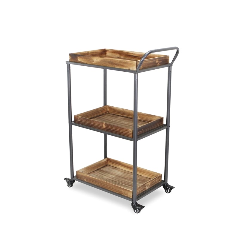 Pemberly Row Contemporary Handcrafted 3 Tier Wheeled Wood Tray Cart