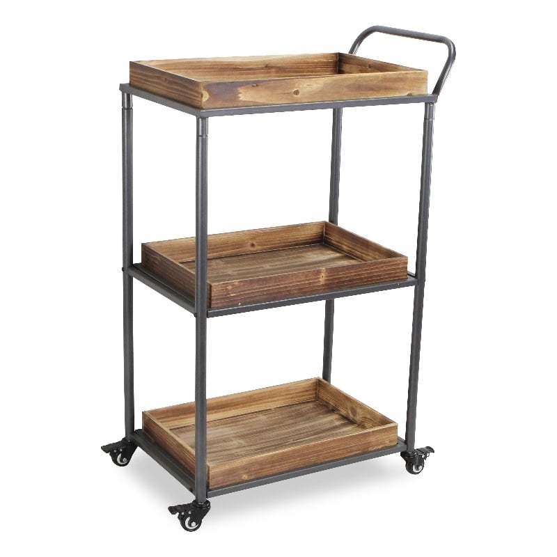 Pemberly Row Contemporary Handcrafted 3 Tier Wheeled Wood Tray Cart