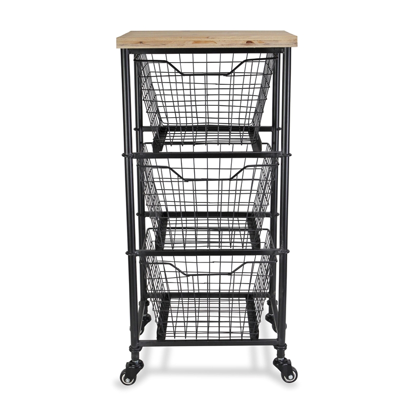 Pemberly Row Contemporary 3 Drawer Wire and Wood Storage Cart
