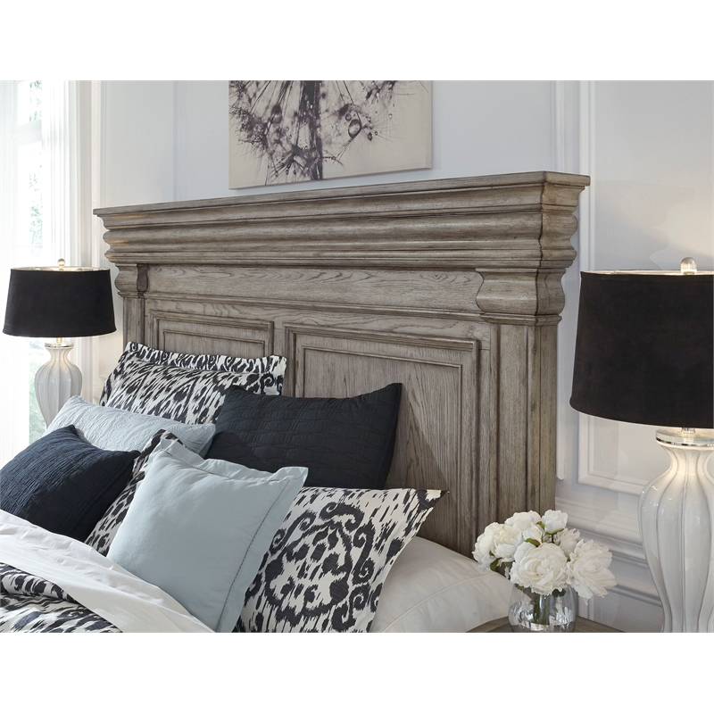 Pemberly Row Cal King Panel Bed with Blanket Chest Footboard in Heritage Taupe