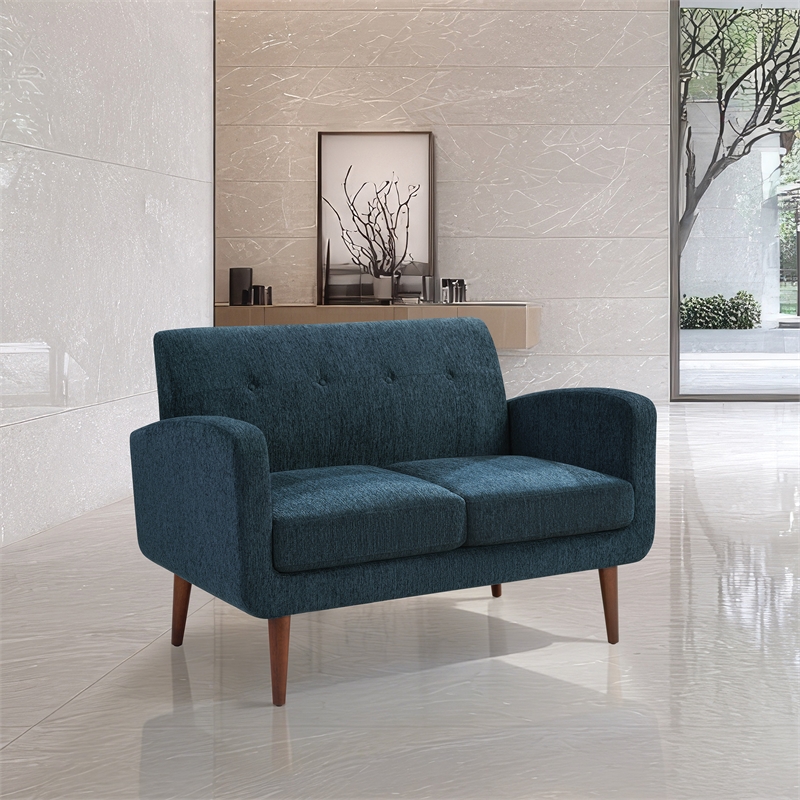 Pemberly Row Loveseat in Navy Fabric with Medium Espresso Finished Legs