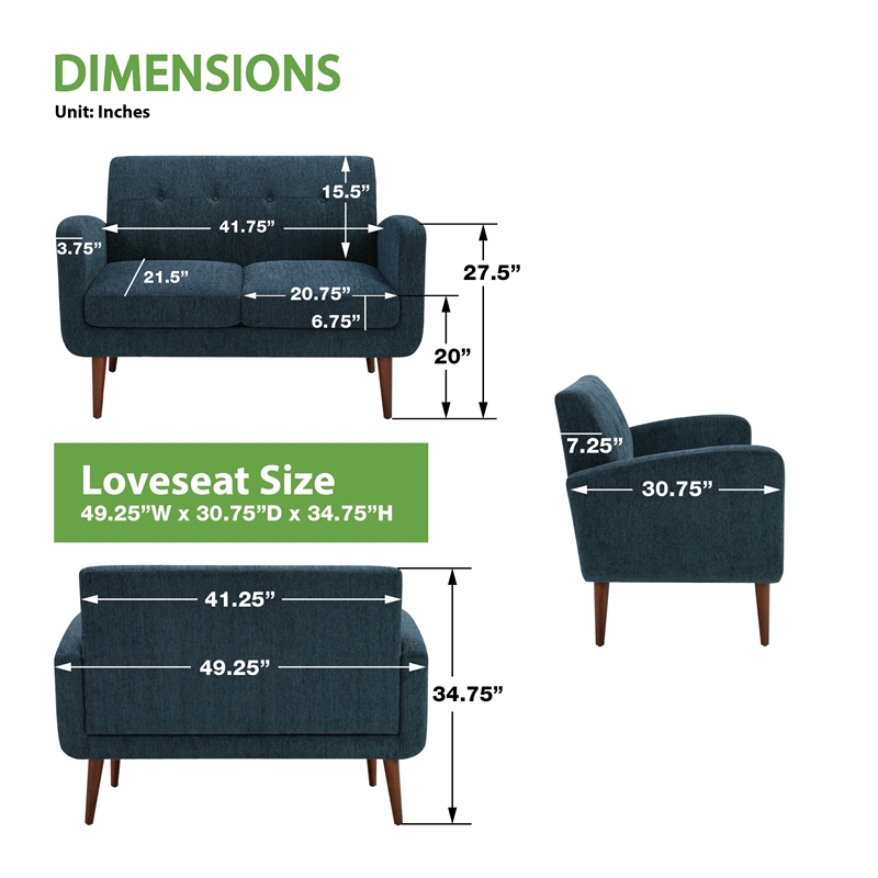 Pemberly Row Loveseat in Navy Fabric with Medium Espresso Finished Legs