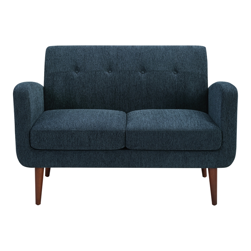 Pemberly Row Loveseat in Navy Fabric with Medium Espresso Finished Legs